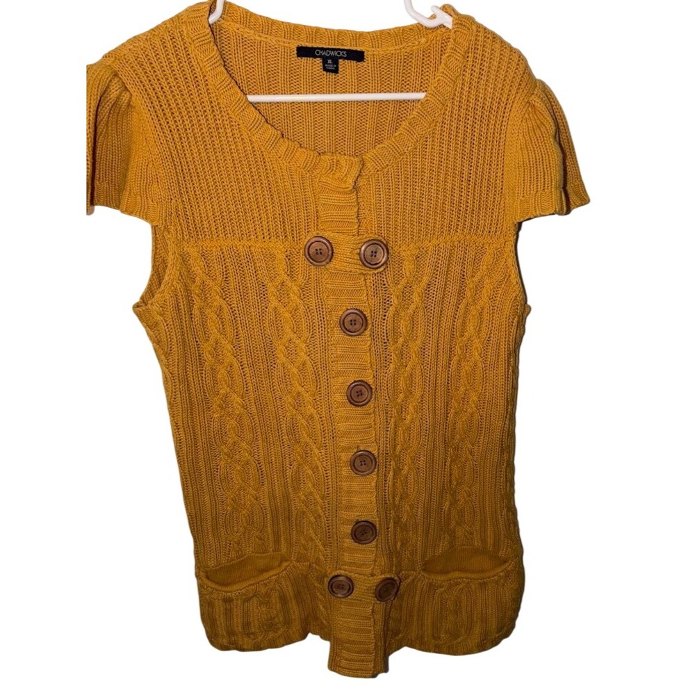 Chadwicks Womens XL Mustard Yellow Cable Knit Short Sleeve Cardigan Sweater